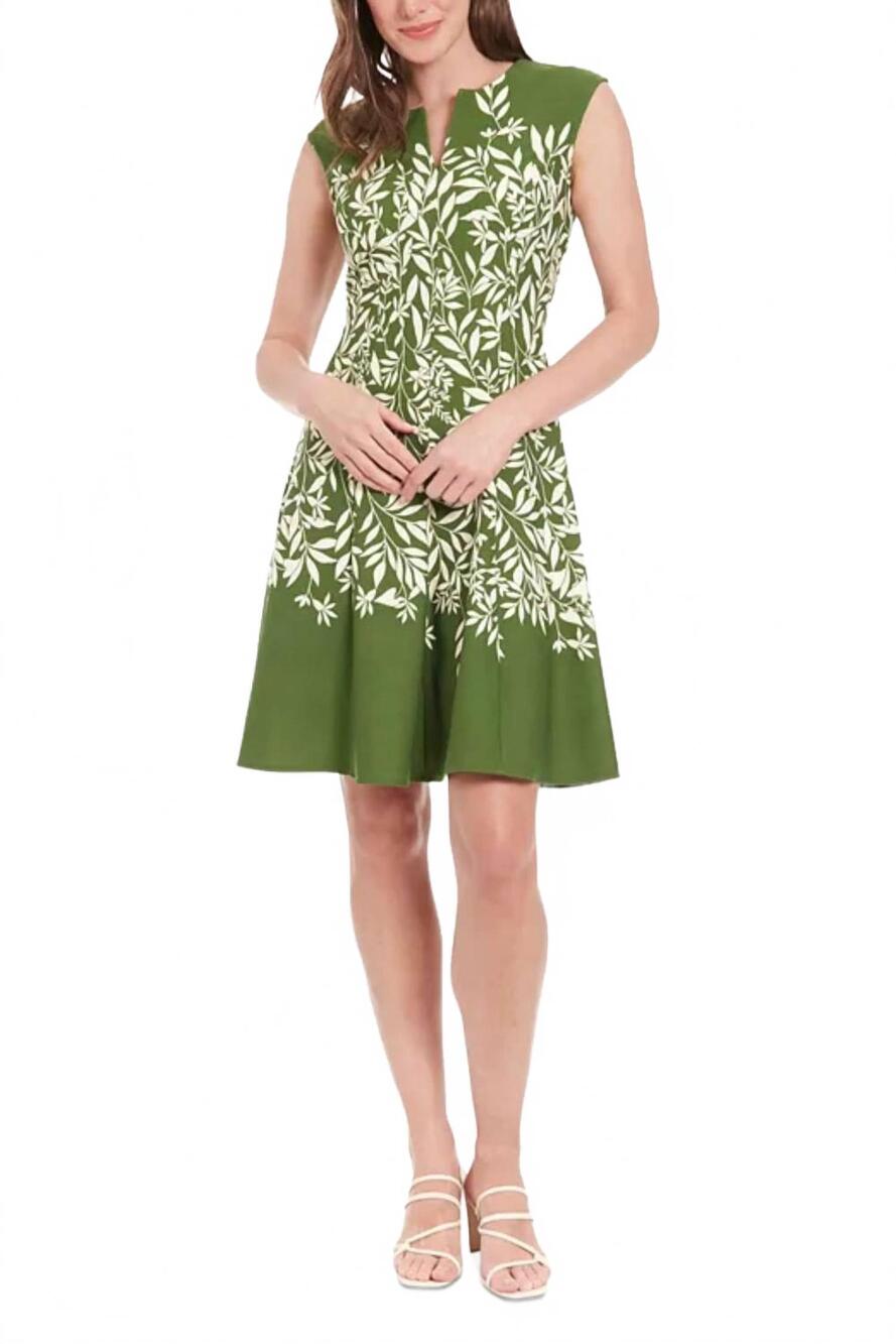 NEW LONDON TIMES leaf print cap sleeve a-line dress in green cream
